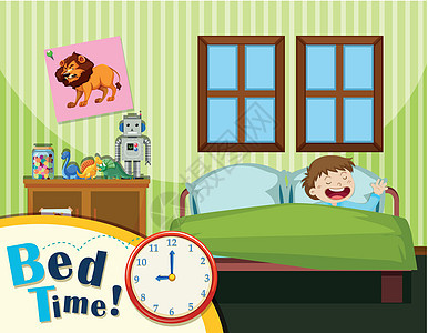 小男孩床添玩具睡眠绘画卧室夹子艺术孩子睡觉房子插图图片