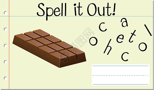 拼写英文单词chocolat字体写作学习字母语言教育卡片巧克力夹子学校图片