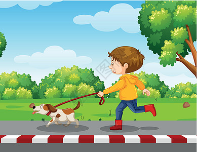 小男孩走路做树木白色男生跑步友谊毛皮绘画艺术公园绿色图片