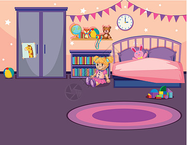女孩卧室的内部寝具图书橱柜玩具房间女孩们书架插图绘画枕头图片