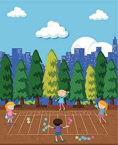 孩子们在 Par 玩数学游戏乐趣卡通片夹子花园绘画闲暇孩子艺术公园操场图片