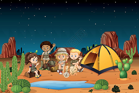 晚上在沙漠中露营的孩子图片