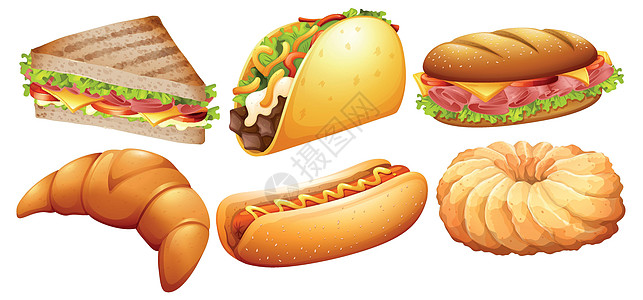 不同类型的快餐团体食物甜点剪裁午餐夹子绘画插图面包艺术图片