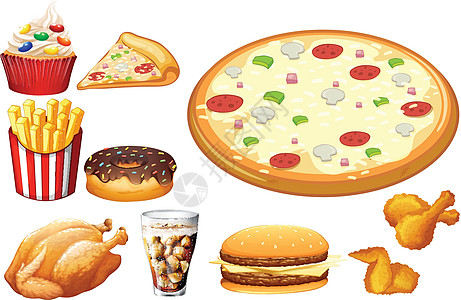 不同种类的快餐插图用餐绘画夹子小路烹饪食物艺术汽水薯条图片