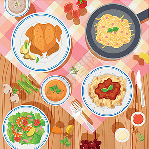桌子上有不同类型食物的背景设计图片