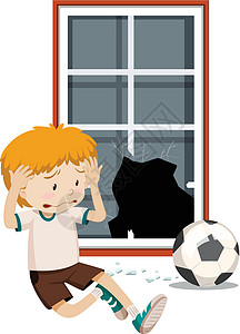 一个男孩用足球打破窗户图片