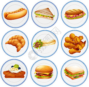 炸鸡盘子里不同种类的食物插图晚餐收藏午餐营养美食面包夹子胡扯早餐设计图片