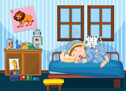 睡在卧室里的男孩艺术绘画玩具卡通片时间枕头睡眠宠物孩子就寝图片