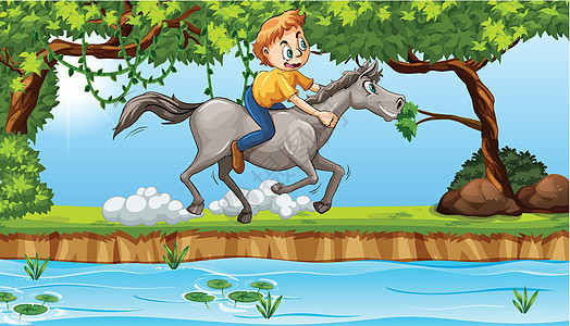 骑马的男孩骑术场景藤蔓树叶插图农场卡通片艺术叶子男生图片