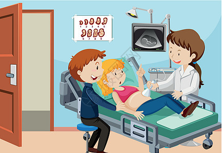 Hospita 的夫妻超声检查医院插图腹部医生女性婴儿机器胚胎怀孕保健图片