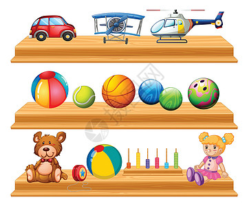 不同类型的球和玩具在架子上图片