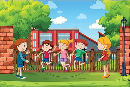 孩子们在户外玩耍卡通片插图院子艺术女孩绳索跳绳花园天空绿色图片