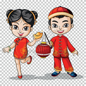 中国传统服装的男孩和女孩学生小路孩子灯笼文化艺术新年剪裁童年男生图片