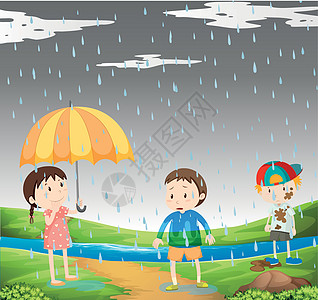 三个孩子在雨中图片