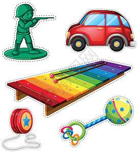 不同玩具的贴纸套装夹子童年数字乐器绘画轮子插图木琴小路配饰图片