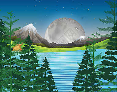 美丽的自然景观在附近风景池塘场景插图蓝色艺术月亮森林绘画天空图片