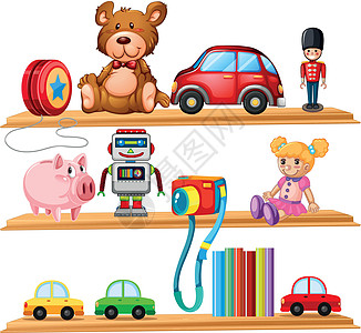 木架上的许多玩具和书籍图片
