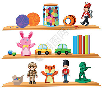 木架上的玩具和书籍阅读艺术小狗小路插图大理石数字绘画悠悠球剪裁图片