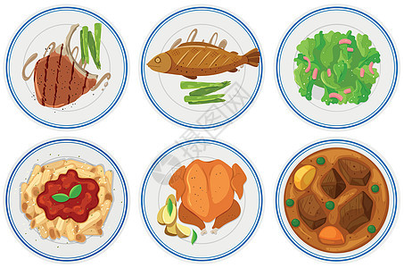 盘子里不同种类的食物美食牛扒艺术营养沙拉晚餐插图夹子早餐收藏图片