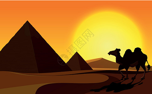 金字塔和骆驼与沙漠场景卡通片棕榈游客石头艺术地标沙丘旅行动物建筑学插画