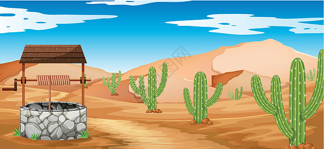 仙人掌和井的沙漠场景图片