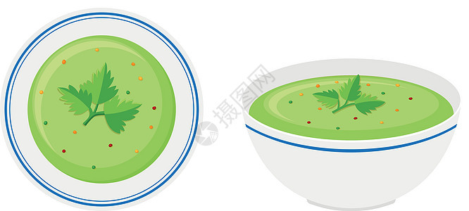 弓形奶油蔬菜汤食物剪裁小路艺术夹子盘子绿色树叶绘画插图图片