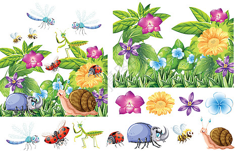 花园里有很多昆虫艺术剪裁卡通片瓢虫风景漏洞夹子插图蜗牛收藏图片