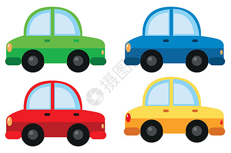 四种不同颜色的汽车红色绘画玩具卡通片收藏剪裁旅行夹子蓝色轮子图片