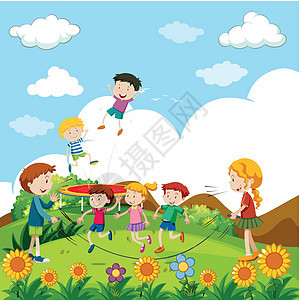 儿童在标准杆跳绳夹子女孩插图场地童年跳绳风景学生花朵孩子图片