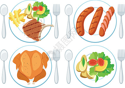 一组健康的食物蔬菜夹子薯条海绵营养绘画菜单艺术盘子土豆图片
