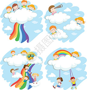 快乐的孩子们在云彩和彩虹上玩耍图片