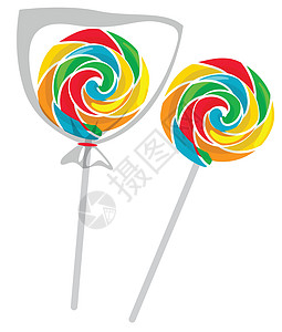 白色背景上的多彩棒棒棒糖圆圈绘画剪裁圆形包装夹子艺术食物甜点糖果图片