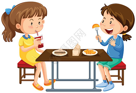 两个女孩在野餐桌上吃饭图片