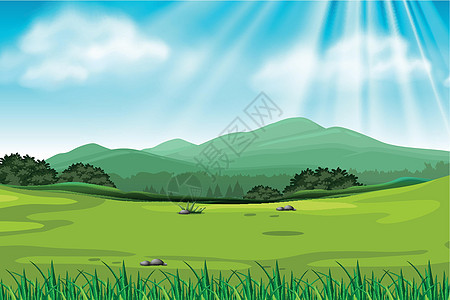 与绿色领域的背景场面太阳公园绘画插图阳光风景热带环境丘陵植物图片