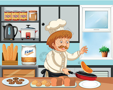 厨师在厨房做饭面包面粉午餐夹子烹饪小吃饼子营养盘子绘画图片
