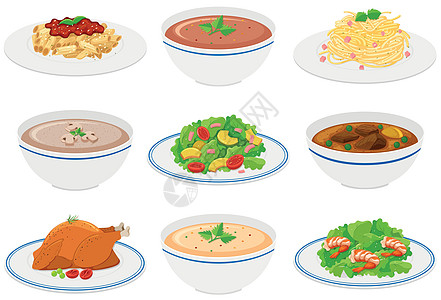 盘子和碗上的不同种类的食物图片