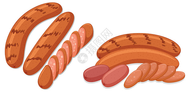白色背景上的烤香肠艺术盘子午餐服务插图剪裁夹子香肠食物小路图片