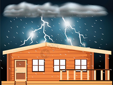 风暴雨房子上有雷雨的场景插画