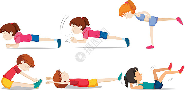 一组重量训练身体卡通片性格健身房艺术插图绘画夹子女孩运动图片