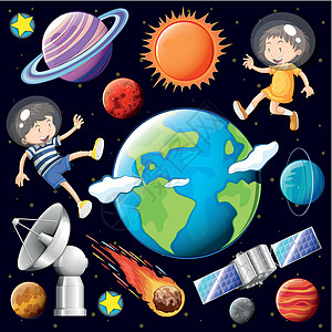 男孩和女孩在有许多行星的太空中飞行图片