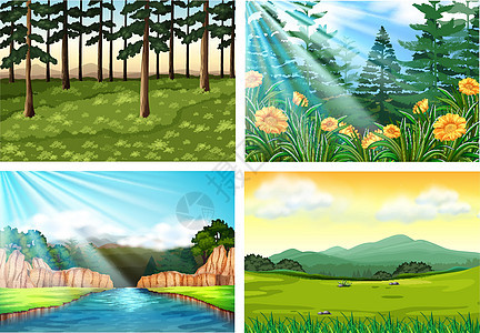 森林和河流的四个背景场景图片