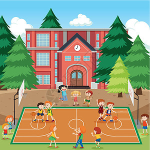 孩子们打篮球场景法庭游戏插图学校跑步天空运动绘画篮球练习图片
