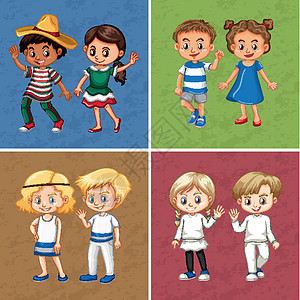 四种不同颜色背景中的男孩和女孩图片