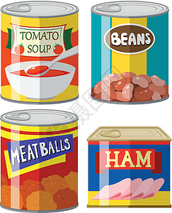 白色背景上的四种罐头食品图片