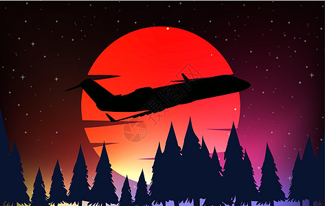 飞机和红色哞哞的剪影场景图片