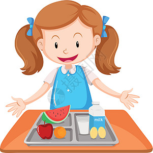 牛奶西瓜桌上吃午饭的女孩插画