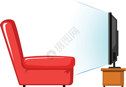 桌子上的红色沙发和电视图片