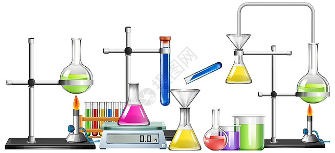 白色背景上的科学设备集实验工具化学学习生活试管烧杯剪裁液体艺术图片