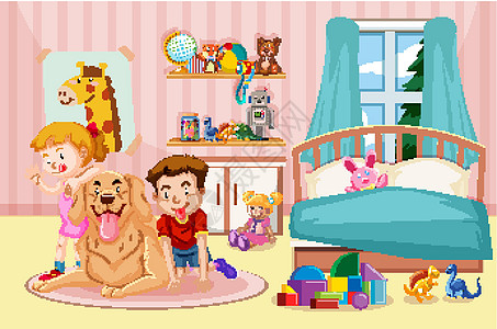 儿童和宠物狗在卧室男性生物动物群小狗动物青年孩子男孩们喜悦乐趣图片