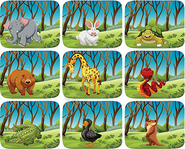 自然场景中的一组动物棕色夹子绘画红色白色插图鳄鱼黑色乐趣卡通片图片